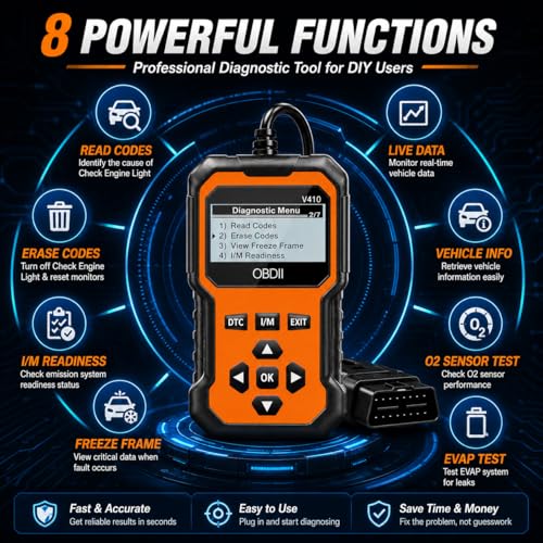 V410 OBD2 Scanner, Car Diagnostic Tool with Check Engine Code Reader, Live Data, Battery Voltage Test, I/M Readiness, Vehicle Info for OBDII Cars & Trucks Since 1996, Orange