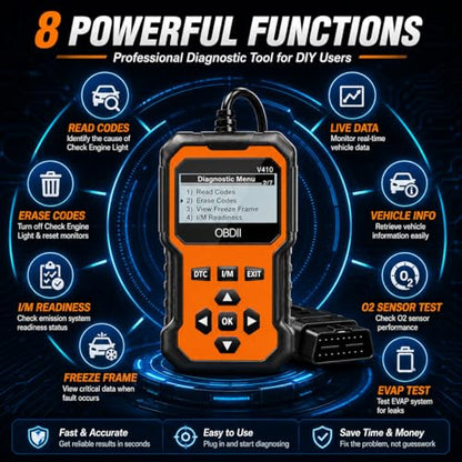 V410 OBD2 Scanner, Car Diagnostic Tool with Check Engine Code Reader, Live Data, Battery Voltage Test, I/M Readiness, Vehicle Info for OBDII Cars & Trucks Since 1996, Orange