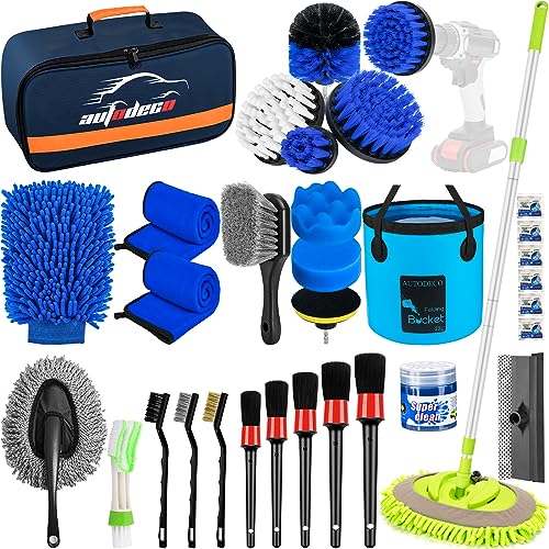 32Pcs Car Detailing Brush Set, Car Detailing Kit, Auto Detailing Drill Brush Set, Car Detailing Brushes, Car Wash Cleaning Tools Kit with Wash Mop for Interior, Exterior, Wheels, Blue - color: 007Blue, size: 32pcs