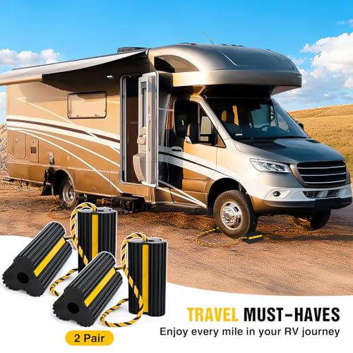 Nilight Wheel Chocks RV Car Heavy Duty Rubber Tire Chock Blocks Stopper Yellow Reflective Strips Stabilizer 4 Pack with Rope for RVs Cars Travel Trailers Campers Trucks Motorcycle Accessories Parking - size: 4 Pack Wheel Chocks