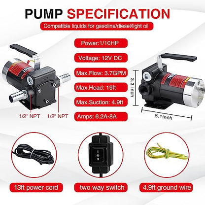 TOPWAY 12V DC Gasoline Fuel Pump Kit, Self-priming Oil Transfer Pump with Handle, Reversible Pumping, Overheat Protection, Explosion-Proof, Oil Hose, Nozzle for Gasoline Fuel Diesel Kerosene Removal - style: 12V 3.7GPM KIT