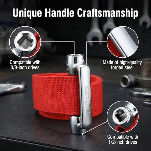 Heavy-duty oil filter wrench, Oil filter removal tool, 3/8 & 1/2 in Drive | Fits filters up to 9 in (229 mm), with a flexible nylon strap for narrow engine bays and tight service spaces