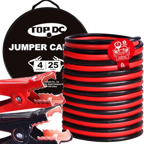 TOPDC 4 Gauge 25 Feet Heavy Duty Jumper Cables for Cars, SUVs, Trucks | Heavy duty 4 Gauge jumper cables span 25 Feet for cars, SUVs and trucks, with a carry bag for storage. - size: 4 Gauge, (25FT)