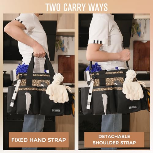 SCAVATA Compact Wearable Cleaning Caddy, Leopard | Small Cleaning Supplies Organizer with Handle & Shoulder Straps, Under Sink & Car Cleaning Tools Storage Bag for Housekeepers - color: Leopard