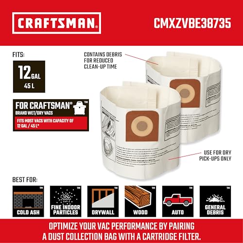 CRAFTSMAN CMXZVBE38735 Genuine 12-Gal. Wet Dry Vac Dust Collection Bags | For Fine Dust, Fits Most 12 Gallon CRAFTSMAN Shop Vacuums, Collects Dry Fine Debris, Reduces Cleanup Time, 2-Pack - style: 12 Gallon Fine Dust