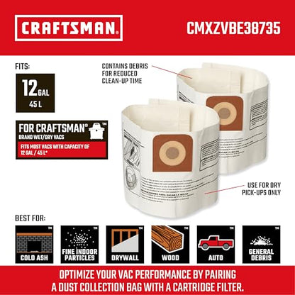 CRAFTSMAN CMXZVBE38735 Genuine 12-Gal. Wet Dry Vac Dust Collection Bags | For Fine Dust, Fits Most 12 Gallon CRAFTSMAN Shop Vacuums, Collects Dry Fine Debris, Reduces Cleanup Time, 2-Pack - style: 12 Gallon Fine Dust