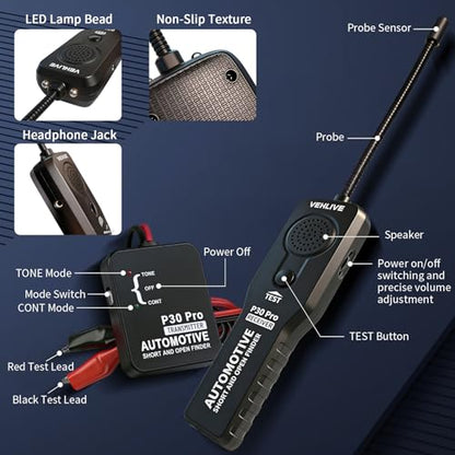 P30 Pro Circuit Tracer with Dual LED Lights, Automotive Electrical Open & Short Finder, Fault Probe Cable Tester, Diagnostic Tool for Vehicle Wiring Repair, Cable Toner, DC 6-42V(With Battery) - size: With Battery