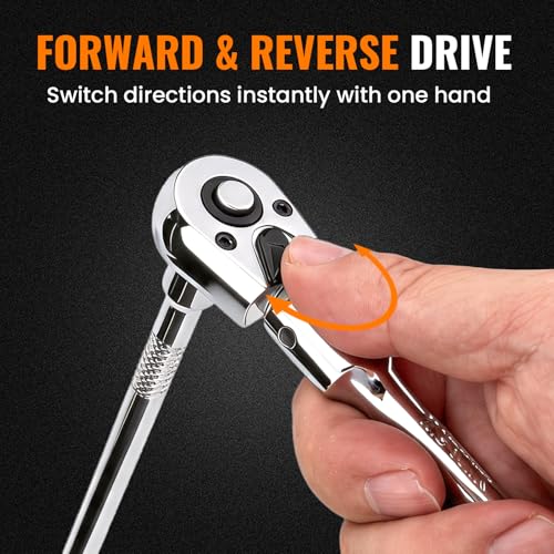 Flex Head 1/2" Drive Ratchet Wrench, 90T Long Handle Ratchet, Quick-Release Reversible with Cr-Mo Head and 5" Extension Bar for High Torque & Tight Spaces - size: 1/2"