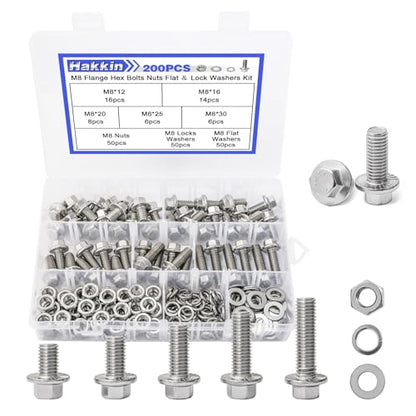 M8 Bolts, 200PCS Flange Hex Bolts and Nuts Kit, M8-1.25 x 16/20/25/30/35mm Flanged Hex Head Bolts Flange Hexagon Screws, Hakkin 304 Stainless Steel M8 Metric Nuts Screws Flat & Lock Spring Washers - size: 200PCS M8 Flanged Bolts Silver