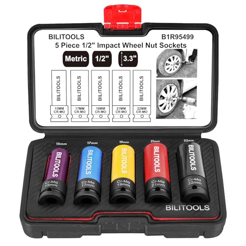 BILITOOLS 5pcs 1/2’’ Drive Impact Lug Nut Socket Set, 15/17/19/21/22mm | Non-Marring Socket Set, CR-MO Steel, 6-Point Flank Drive, Color-Coded Sleeves, Scratch-Proof, fits Impact Wrenches - size: 15 17 19 21 22 mm