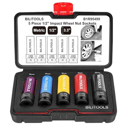 BILITOOLS 5pcs 1/2’’ Drive Impact Lug Nut Socket Set, 15/17/19/21/22mm | Non-Marring Socket Set, CR-MO Steel, 6-Point Flank Drive, Color-Coded Sleeves, Scratch-Proof, fits Impact Wrenches - size: 15 17 19 21 22 mm