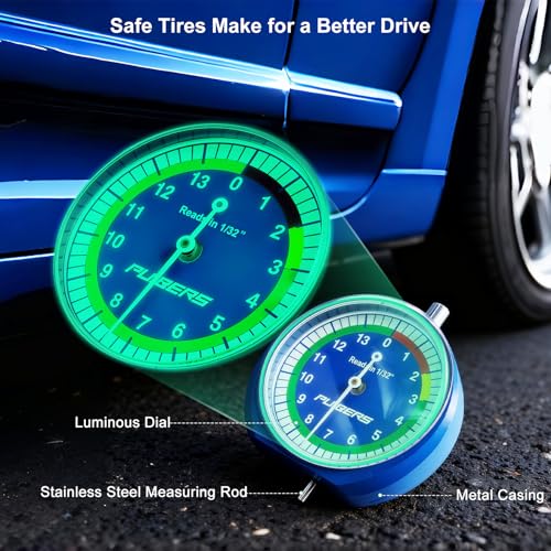 Tire Tread Depth Gauge 32nds, Luminescent Dial Tire Depth Gauge with Storage Bag,Professional Thread Depth Gauges for Cars, Trucks, Motorcycles