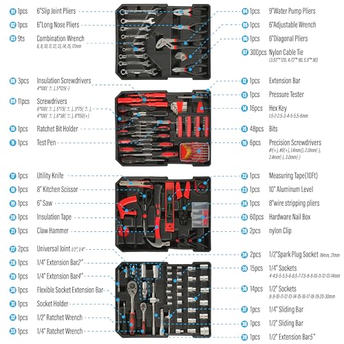 515 PCS General Household Tool Kit Aluminum Trolley Case Tool Set for Men | 4-Drawer Hand Tool Set for Home Repair, Car, Garage, Maintenance, Auto Repair Toolbox with Wheel