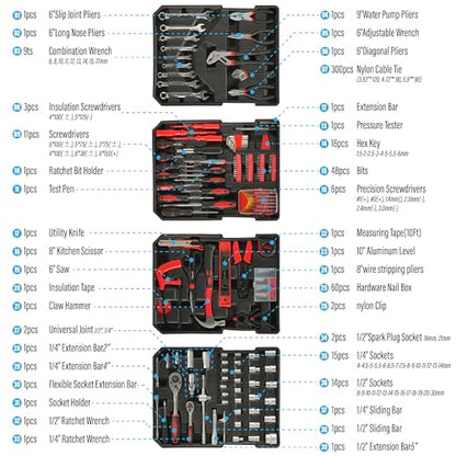 515 PCS General Household Tool Kit Aluminum Trolley Case Tool Set for Men | 4-Drawer Hand Tool Set for Home Repair, Car, Garage, Maintenance, Auto Repair Toolbox with Wheel