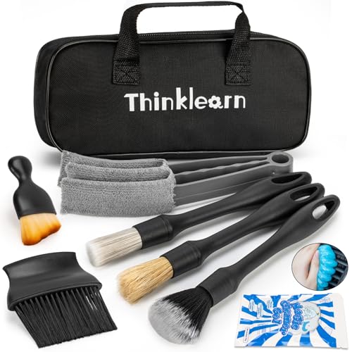 ThinkLearn Car Detailing Kit, Car Interior Detailing Kit, Including 7Pcs Auto Detailing Brushs and 200g Cleaning Gel (25% More Than 160g) Storage Bag, Car Accessories | Interior 3 Detail Brushes, 200g Gel, Boar Hair Fiber Synthetic, Long Hair Brush, Air V