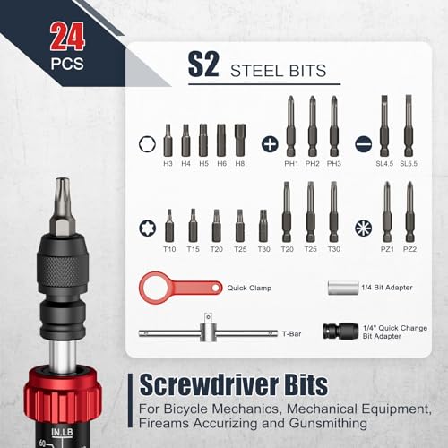 VANPO Torque Screwdriver, 10-60 In-lb, 24 Piece, Click Style for Gunsmith | 1 in-lb Increment, Grip ergonomics, 1/4 Inch Torque Wrench Screwdriver Set with S2 Bits for Electronics, Bike & DIYer - size: 10-60 inlb