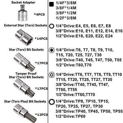 AOBEN 64Pcs Master Torx Bit Socket and External Torx Socket Set, 1/4, 3/8, 1/2-inch(E4-E24, T6-T70,TT6-TT70,TP8-TP60), S2 and Cr-V Steel, Includes Socket Adapters - size: Large