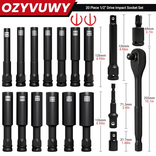 1/2" Drive Impact Socket Set, Heavy Duty Industrial-Grade Deep Sockets, Metric/SAE Extension Bars Standard Deep Socket Set, universal joint, and impact-resistant adapter, Cr-V Steel