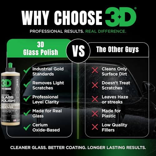 3D Glass Polish – Cerium-Oxide Based Window Polish, Light & Fine Glass Scratch Remover for Car Windows – Restores Clarity & Removes Wiper Marks, Swirls, Water Spots - 16oz
