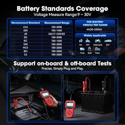 MA500 Car Battery Tester, 9V - 30V Digital Automotive Alternator Meter Diagnostic Tool 100-2000 CCA Load Capacity Auto Charging & Cranking Analyzer for Car Truck Motorcycle Boat RV ATV Yacht
