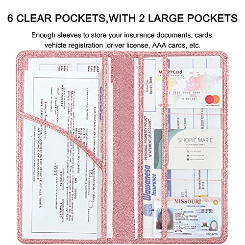 Car Registration and Insurance Holder, Premium Leather Insurance and Registration Holder,vehicle Glove Box Car Organizer, with Magnetic Shut for Cards, Driver License (Glitter Rose Gold) - color: 08-Glitter Rose Gold