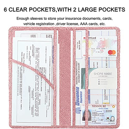 Car Registration and Insurance Holder, Premium Leather Insurance and Registration Holder,vehicle Glove Box Car Organizer, with Magnetic Shut for Cards, Driver License (Glitter Rose Gold) - color: 08-Glitter Rose Gold