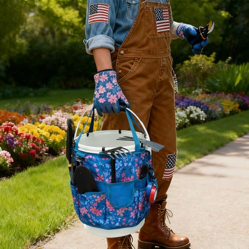 KUNN Bucket Organizer 5 Gallon 18-Pocket Tool Bucket Bag with 6 Hooks, Gardening Tool Holder Caddy for Gardeners, Outdoor Yard Work, Soil Plant Flower Gardening Accessories with Grip Pad, Blue - style: Blue Floral