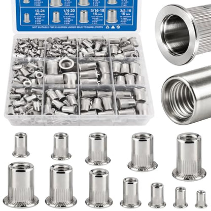 390Pcs Rivet Nut Kit, Metric & SAE Rivnut Assortment Set M3 M4 M5 M6 M8 M10 M12#8-32#10-24 1/4"-20 5/16"-18 3/8"-16 304 Stainless Steel Nutsert Flat Head Threaded Inserts for Metal, Automotive - size: SS Metric & SAE 390pcs