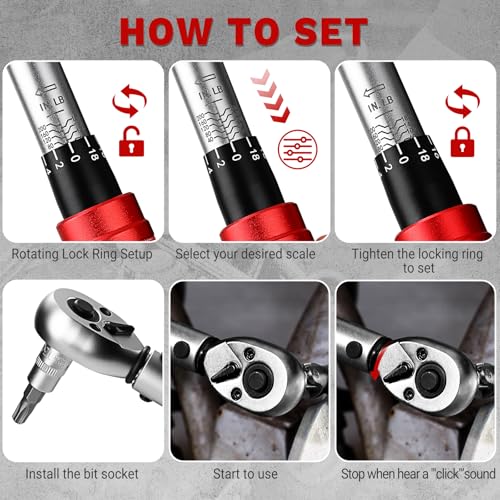 DEKOPRO 26Pcs Bike Torque Wrench Set, 1/4 Inch Drive Torque Wrench, 20-200 IN.LB(2.3-22.2 Nm), ±3% Accuracy, 72 Tooth Dual-Direction Adjustable with Socket Bits, for Mountain Bike, Bicycle Repair - size: 1/4 Inch (20-200 in.-lb.)