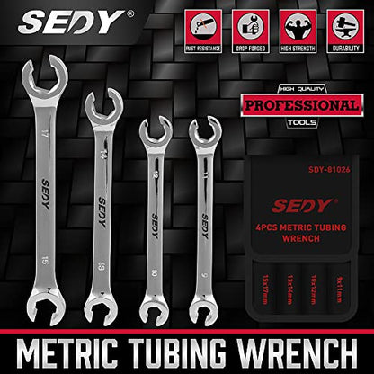 SEDY 4-Piece Flare Nut Wrench Set, Offset End Spanner Metric 9 10 11 12 13 14 15 17mm, CR-V Steel Storage Pouch Repair and Remove Nuts on Fuel Tube Hose Transmission Line - style: 4-Pc Metric (Flare Nut)