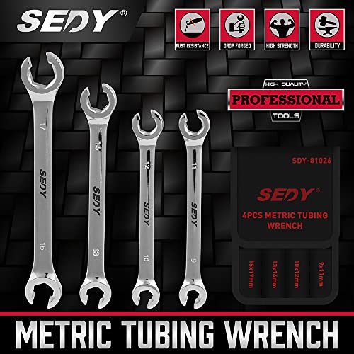 SEDY 4-Piece Flare Nut Wrench Set, Offset End Spanner Metric 9 10 11 12 13 14 15 17mm, CR-V Steel Storage Pouch Repair and Remove Nuts on Fuel Tube Hose Transmission Line - style: 4-Pc Metric (Flare Nut)