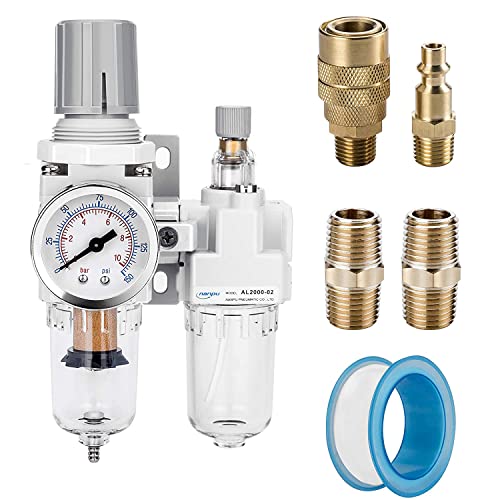 NANPU 1/4" NPT Air Filter Regulator Lubricator Combo, Water Separator | 5-micron brass filter, 0-150 psi gauge, poly bowl, semi-auto drain, 18 SCFM, helps protect tools from moisture and debris - size: 1/4" NPT, style: Semi-Auto Drain, Metal Coupler & Plu