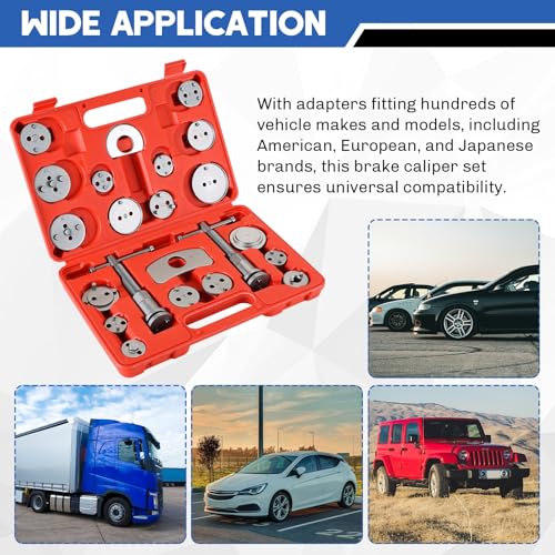 Universal Heavy-Duty Disc Brake Caliper Tool Kit | 24pcs Wind Back Tool Set for Brake Pad Replacement, Brake Caliper Compression Tool Fits most Vehicles (Red) - color: Red