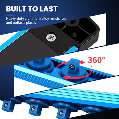 8PC Magnetic Socket Organizer Set, for 1/2″ 3/8″ 1/4″ Drive with 3 Black 3 Red 2 Blue Trays, 360° Swivel Removable Clips, Heavy Duty Aluminum Alloy Rail for Tool Box Drawer