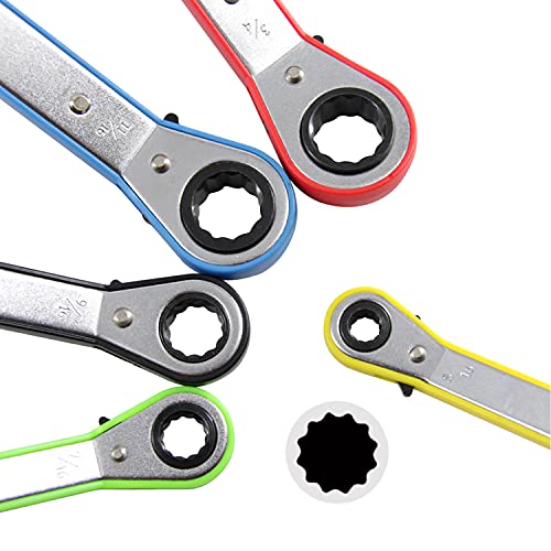MacWork 5-Piece Offset Ratcheting Wrench Set ，Five Colors Reversible Universal Ratchet Double Ring Spanners,Professional Heat Treated Alloy Steel SAE Combination - size: SAE