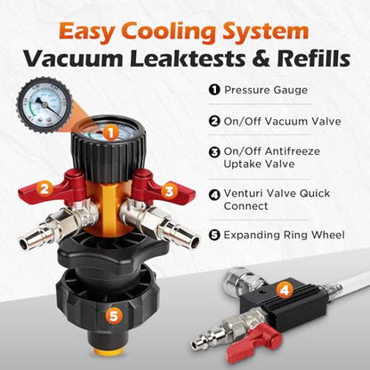 BELEY Coolant Vacuum Refill Kit with 5 Round Adapters 1 Conical Adapter | Radiator Cooling System Fill Tool with Dual-Movement Gauge for Leak Detection, Cooling Refill & Vacuum Coolant Fill