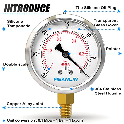 MEANLIN MEASURE -30inHG~0Psi Stainless Steel 1/8" NPT 2.5" FACE DIAL Vacuum Pressure Gauge, Lower Mount, with 1/4" NPT and 3/8" NPT Hex Bushing - size: -30inHG-0Psi