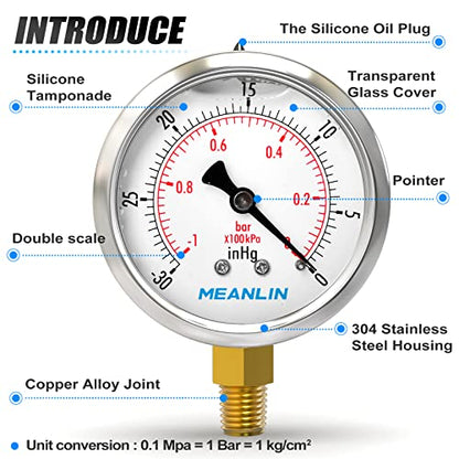 MEANLIN MEASURE -30inHG~0Psi Stainless Steel 1/8" NPT 2.5" FACE DIAL Vacuum Pressure Gauge, Lower Mount, with 1/4" NPT and 3/8" NPT Hex Bushing - size: -30inHG-0Psi