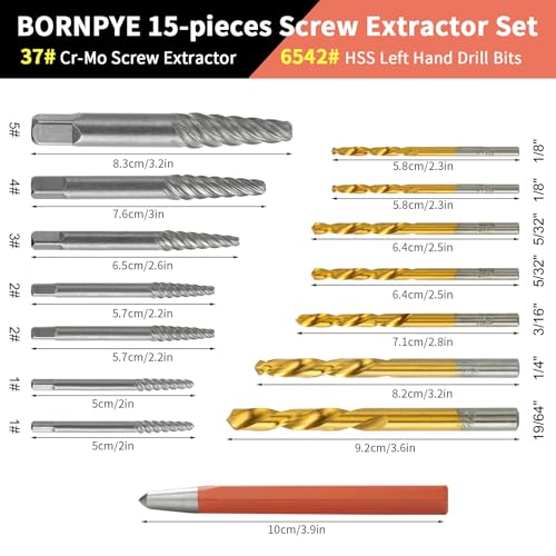 15 Pieces Screw Extractor Kit, 37# Cr-Mo & 6542 Hss Steel Cobalt Left Hand Drill Bits Set for Removing Broken Bolt and Rounded Nut, Ez Out Stripped Screw Set with Center Punch