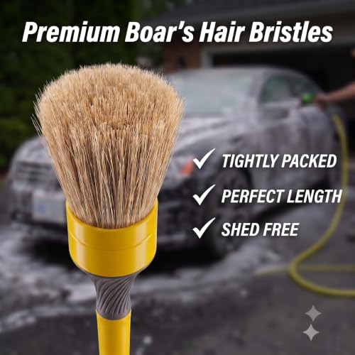 Boars Hair Detailing Brush, 3 in 1 Patent Pending in House Design from Proper. Detail Automotive Interior or Exterior, get Professional Results with Proper Detail Brushes Car Detailing - color: Yellow - Boars Hoar