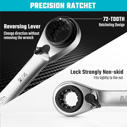 DURATECH 4-in-1 Reversible Ratcheting Box Wrench Set, SAE, 2-Piece | Double Box End, 5/16, 3/8, 7/16, 1/2-INCH & 9/16, 5/8, 11/16, 3/4-INCH, CR-V Steel, Matte Chrome Plated, Rolling Pouch - style: Regular & SAE