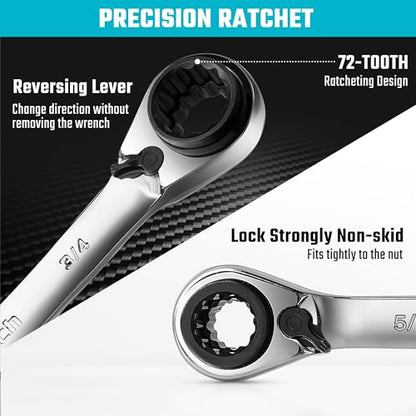 DURATECH 4-in-1 Reversible Ratcheting Box Wrench Set, SAE, 2-Piece | Double Box End, 5/16, 3/8, 7/16, 1/2-INCH & 9/16, 5/8, 11/16, 3/4-INCH, CR-V Steel, Matte Chrome Plated, Rolling Pouch - style: Regular & SAE