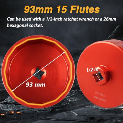 EVRBUL CNC 93mm 15 Flutes Oil Filter Wrench Removal Tool to Change Oil Filter Compatible with Dodge Ram 2500 3500 6.7L 5.9L L6 Turbo Diesel with 05083285AA Oil Filter