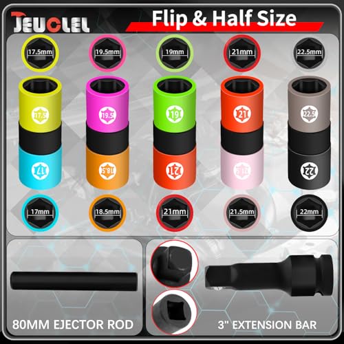 7PCS 1/2" Drive Half Sizes Lug Nut Socket Set, Thin Wall Impact Flip Sockets with Extension Bar Knockout Rod, 6 Point Non-Marring Thin Wall Double Ended for Removing Damaged Lug Nuts - size: 7Pcs (black)