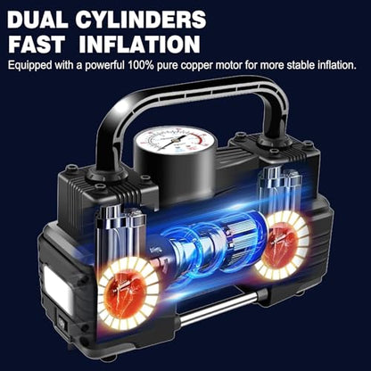 Rapid Inflation Heavy-Duty Portable Dual-Cylinder Tire Inflator with Pressure Gauge - 12V 150PSI Metal Air Compressor (LED Light), Adapters & Storage Bag Included, Fits Cars, RV Tires - style: Manual