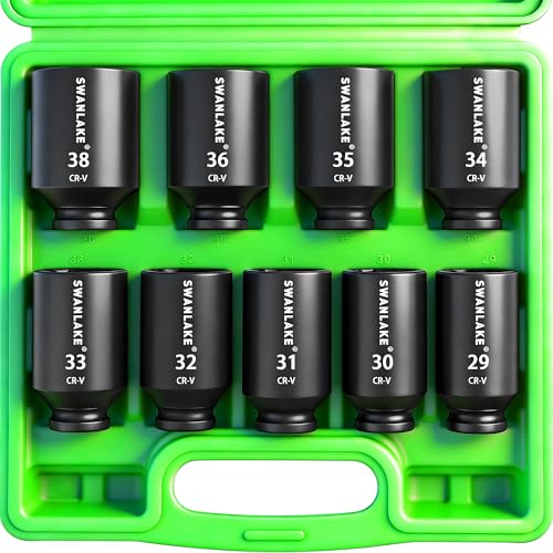 SWANLAKE 9-Piece 1/2" Impact Axle Nut Socket Set, Deep Metric Large Socket Set, 29mm 30mm 31mm 32mm 33mm 34mm 35mm 36mm 38mm, Cr-V Spindle Joint High Torque Wheel Nut Sockets - style: 1/2" Large Metric
