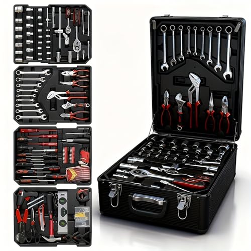 899-Piece Aluminum Tool Set with Carrying Case, Black | Complete Tool Kit with Sockets, Wrenches, Screwdrivers and Accessories for Home, Automotive and DIY Repair - color: Black