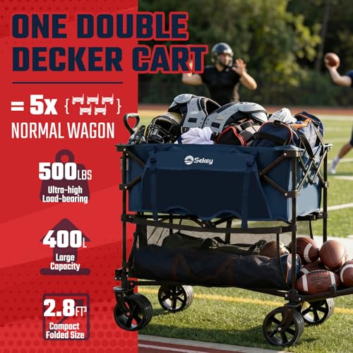 Sekey 500LBS Heavy Duty Double Decker Wagon with Extender, 400L Large Capacity Collapsible Garden Cart Fits 10x10 Canopy, All-Terrain Big Wheels with Brakes, Foldable Utility Wagon for Sports, Camping - color: Amber Blue