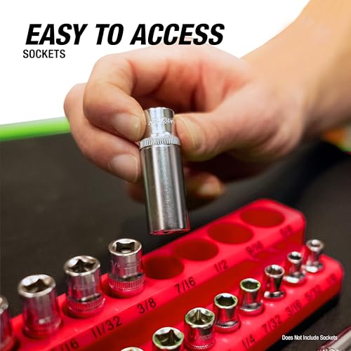 OEMTOOLS 6-Pc Metric & SAE Magnetic Socket Tray Set Holds 143 Sockets | Magnetic Socket Organizer Tray, Non-Marring Rubberized Base, Clearly Marked Sizes, 1/4, 3/8, 1/2 Inch Sockets - style: 6Pc Red & Black