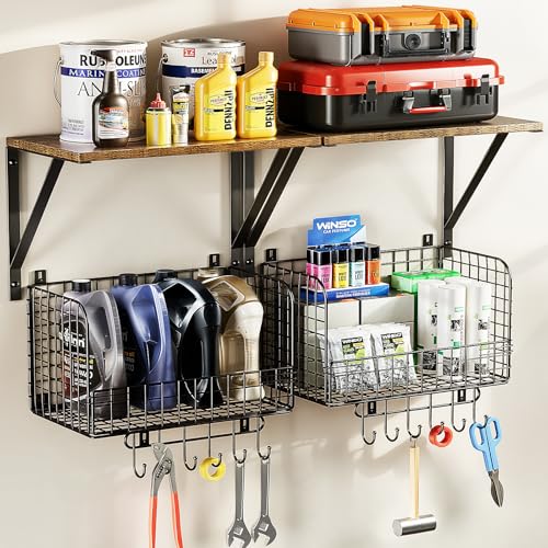 Housolution Garage Shelving Wall Mounted, Heavy-Duty Garage Wall Shelving with Baskets & Hooks Supports up to 154 LBS in Total, Tool Storage Organizer for Home, Garden, Kitchen, Laundry Room